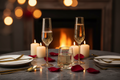 Luksuriøse guld krystal champagneglas og vinglas på romantisk middagsbord med stearinlys