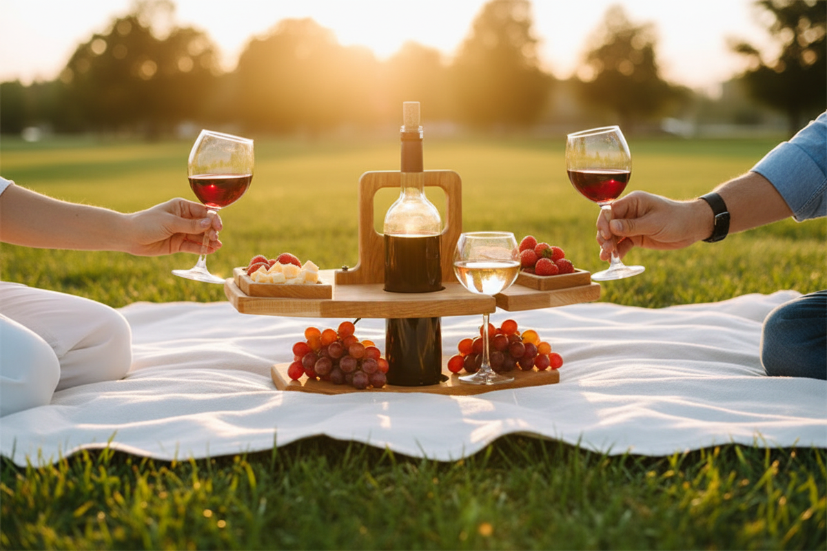 Romantisk picnic med vinstativ, vinglas og snacks ved solnedgang