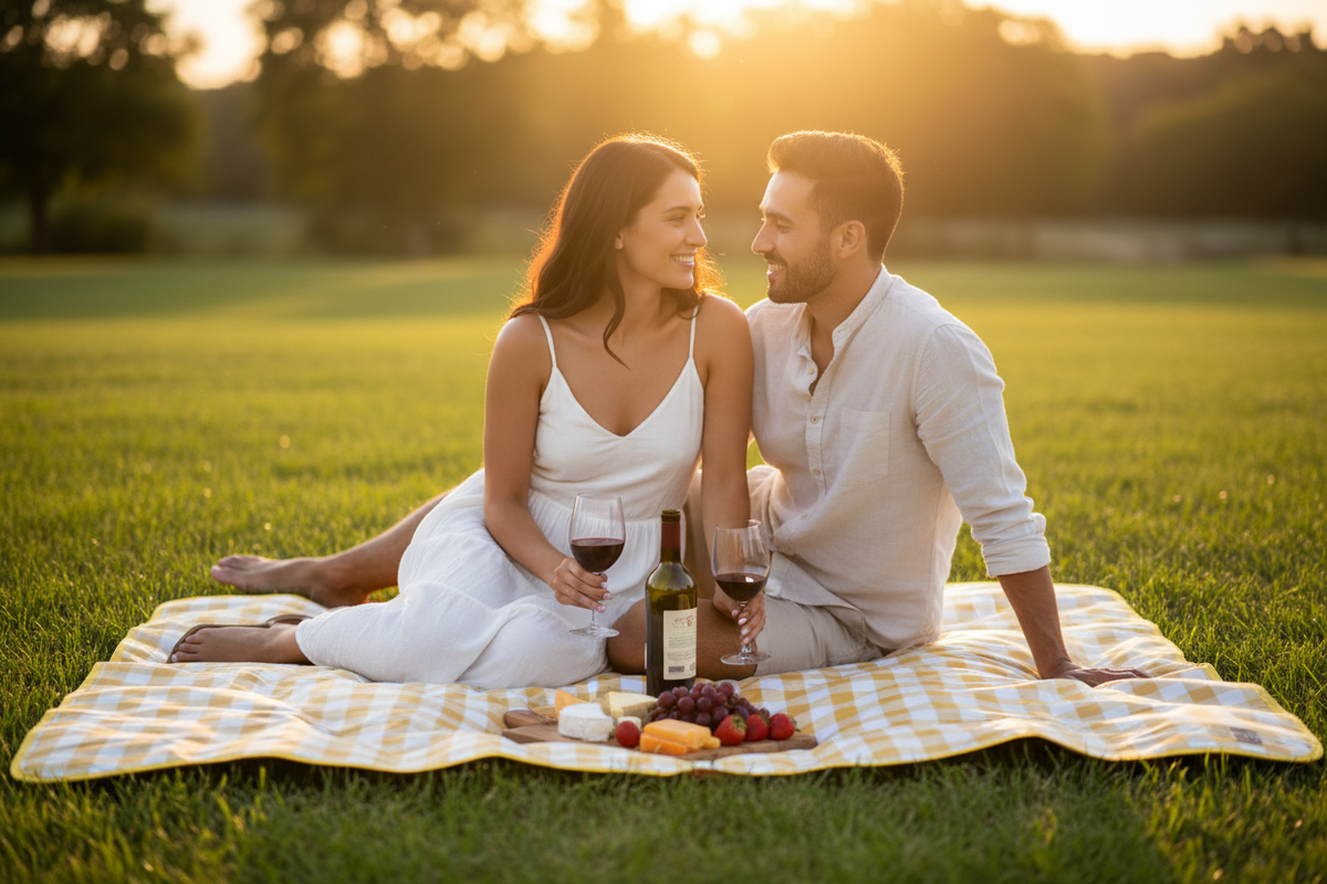 Romantisk picnic med gul-hvidt ternet tæppe, vin og snacks ved solnedgang